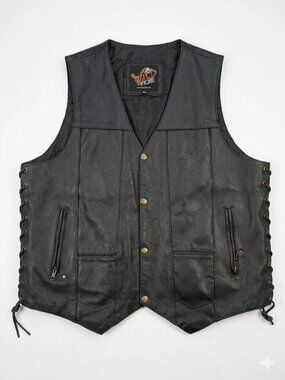 Wild Wear Black Leather Biker Vest Mens XL Lace Up Sides Snap Front Motorcycle G